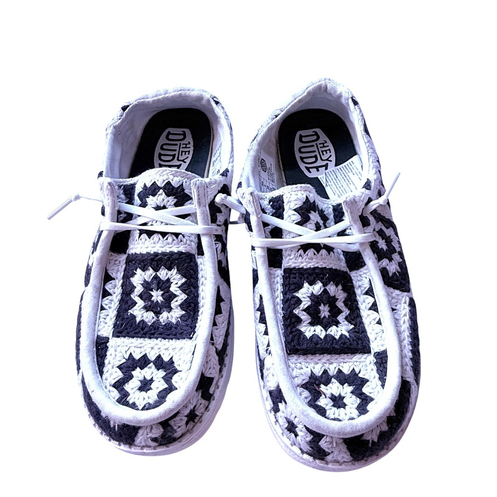 Hey Dude Wendy Cottage Crochet Black Multi Slip On Loafers 43109-0C4 Womens 8